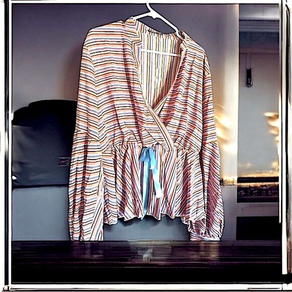 SHEIN l Long Sleeve Pinstriped Blouse l Plunging Neckline l 3X l EUC - Picture 11 of 11